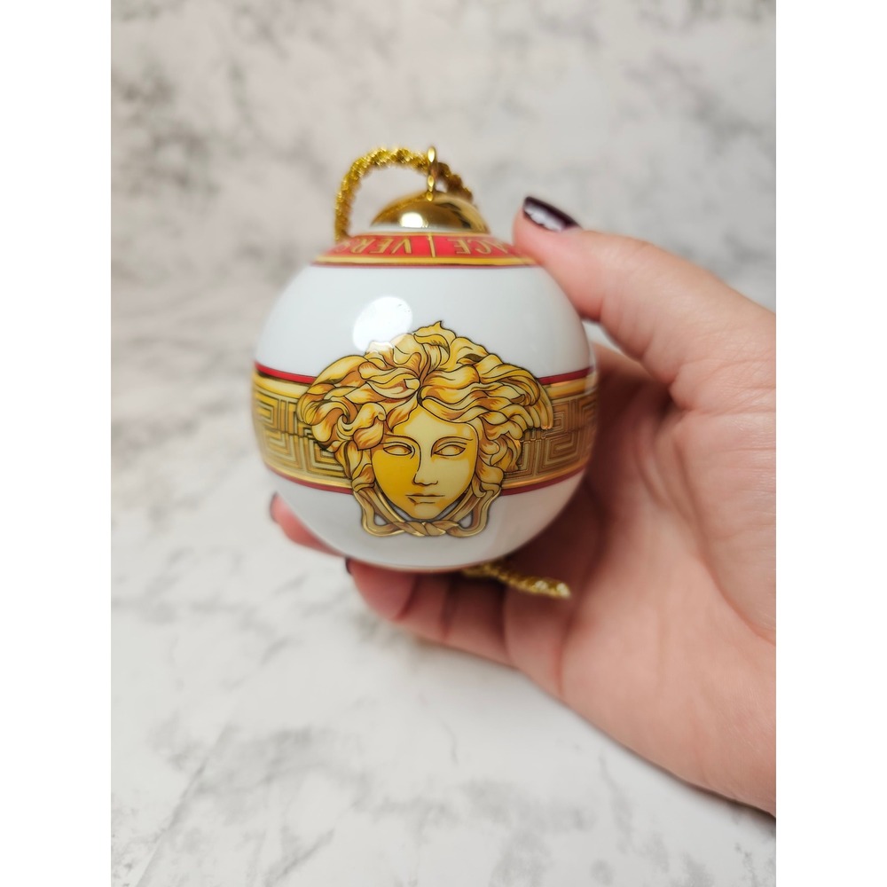 Versace Rosenthal 2022 Medusa Christmas Ball Ornament Porcelain GoldRed GreekKey